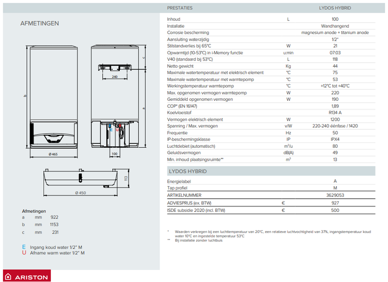 100 liter Ariston Hybride Elektrische Boiler Energie klasse A+ (€500,- subsidie) - Electraboiler